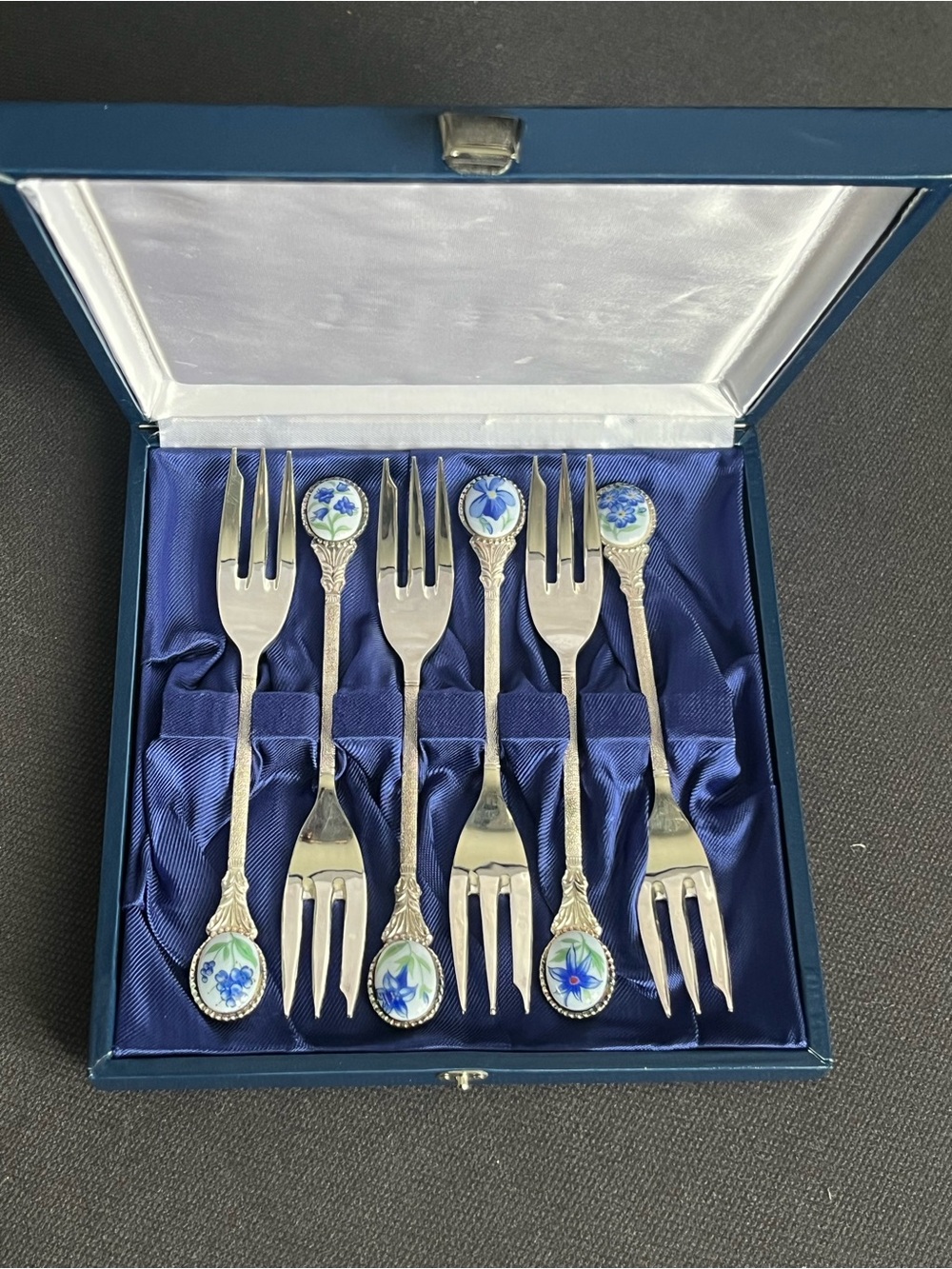 Vintage Japan Blue Floral Pastry Forks MCM Scandinavian Style Dessert Set of 6